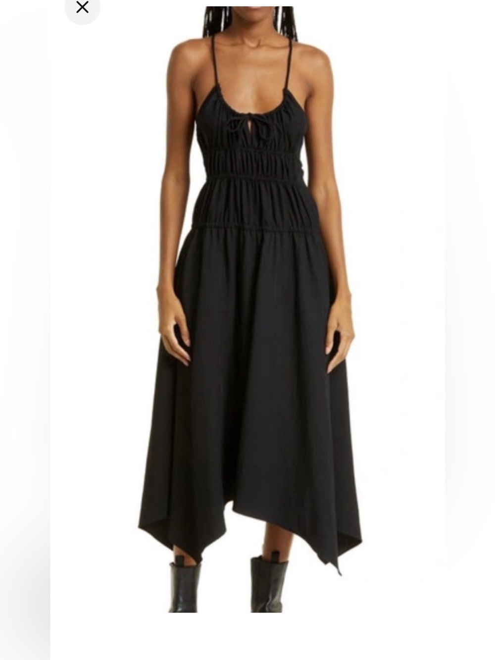 Proenza Black Smocked Midi Dress with Spaghetti Straps